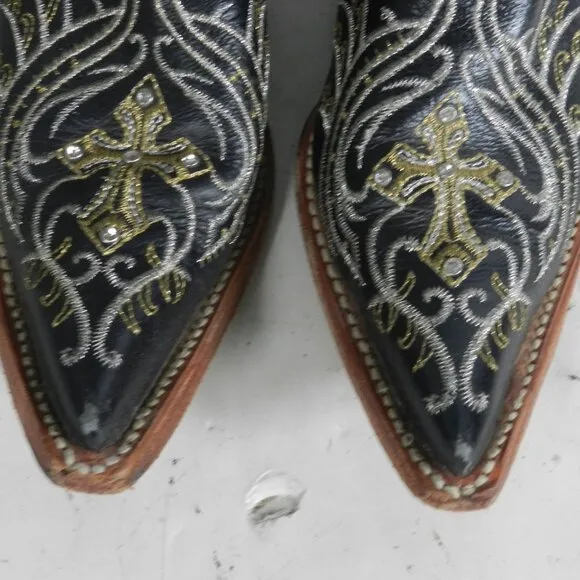 Veretta Western Cowboy Boots Black with Gold Lacing Kids Shoe Size 6.5