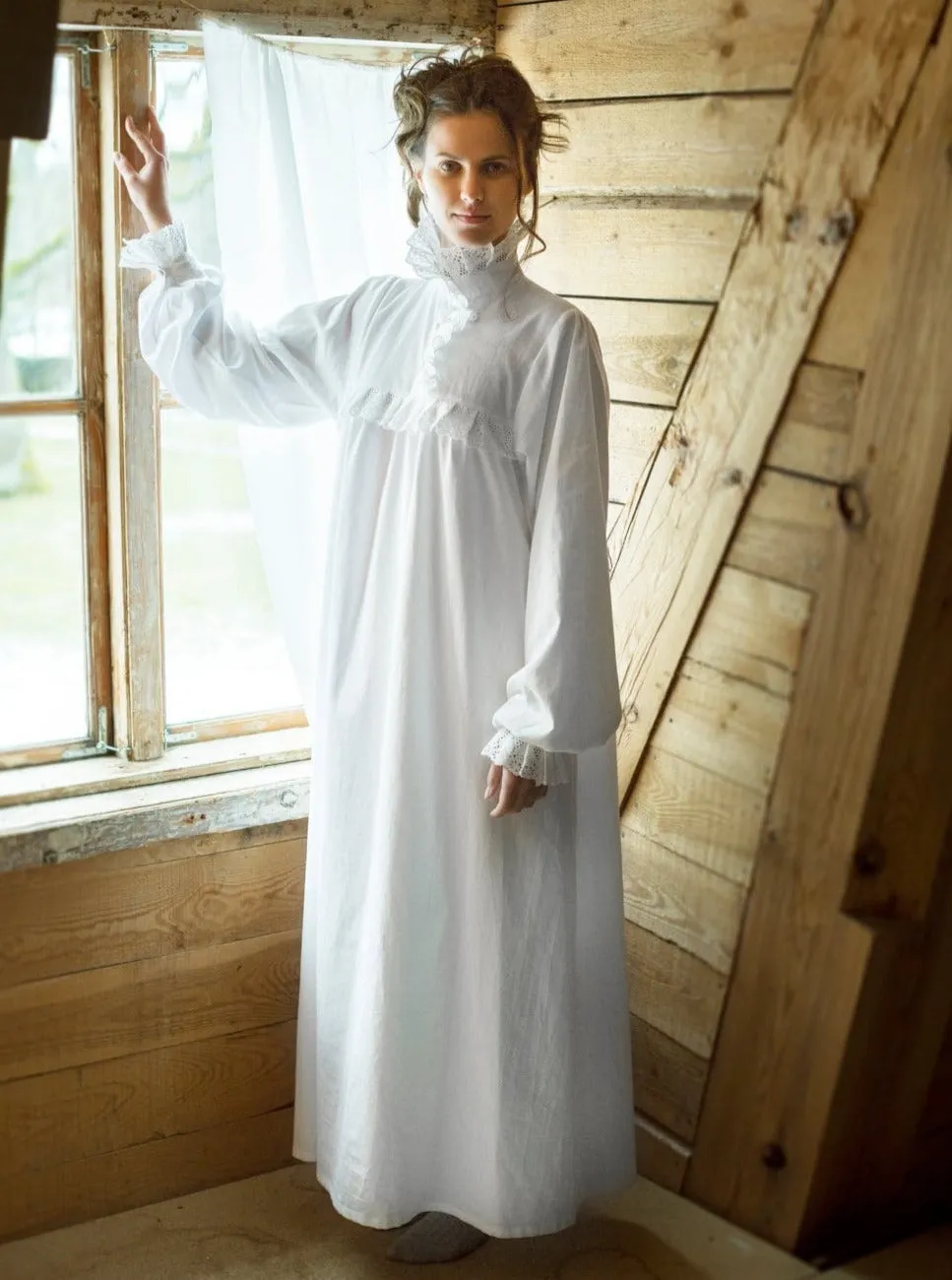 Victorian Winter Maxi Nightgown in White Cotton
