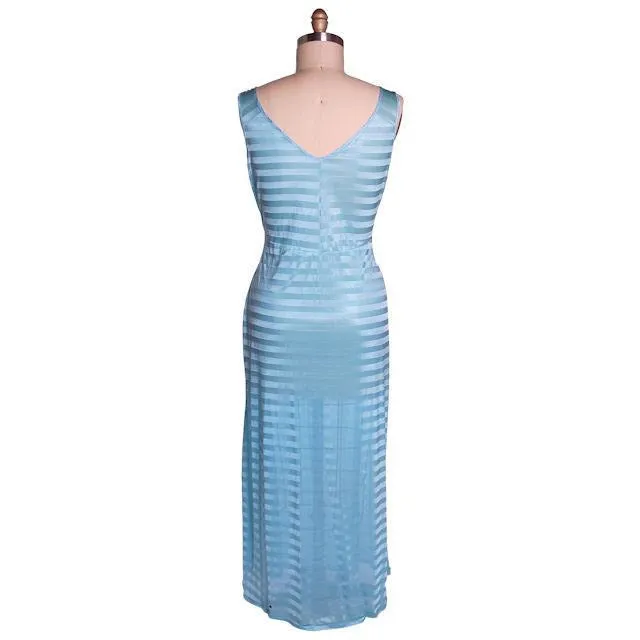 Vintage Nightgown Blue Striped Kel-Ray Tricot Striped 44" Bust 1940s