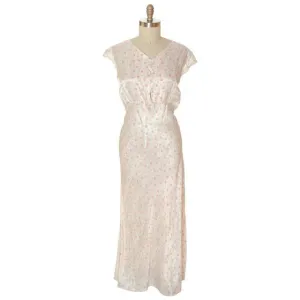 Vintage Nightgown Rayon Satin Bias Cut Pink Roses 1930s XL 52-40-48