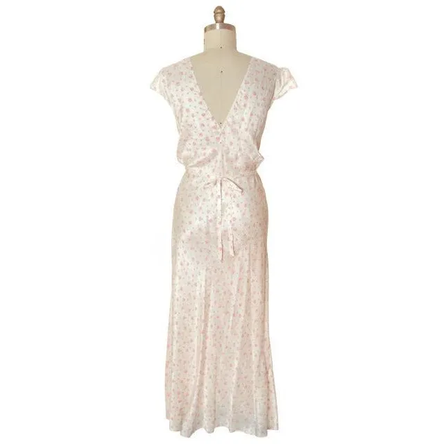 Vintage Nightgown Rayon Satin Bias Cut Pink Roses 1930s XL 52-40-48