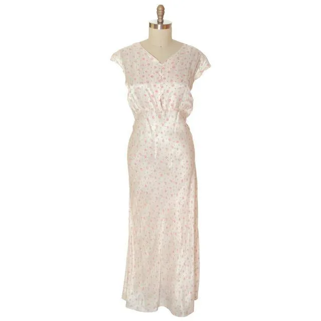 Vintage Nightgown Rayon Satin Bias Cut Pink Roses 1930s XL 52-40-48