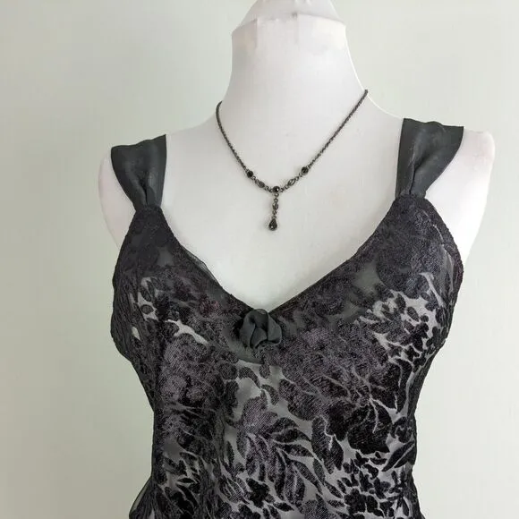 Vintage Slip Nightgown Chemise Sheer Maxi Velvet Floral Sexy Honeymoon Black M