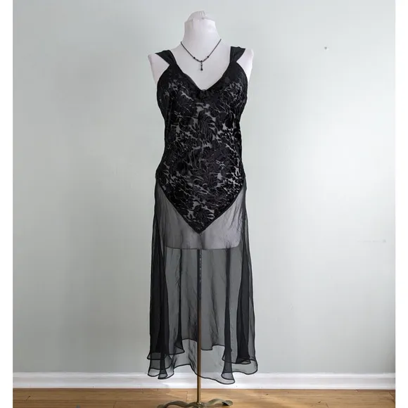 Vintage Slip Nightgown Chemise Sheer Maxi Velvet Floral Sexy Honeymoon Black M