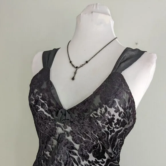 Vintage Slip Nightgown Chemise Sheer Maxi Velvet Floral Sexy Honeymoon Black M