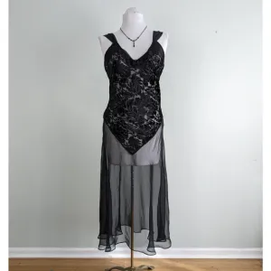Vintage Slip Nightgown Chemise Sheer Maxi Velvet Floral Sexy Honeymoon Black M
