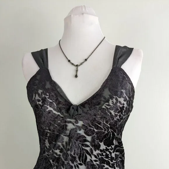 Vintage Slip Nightgown Chemise Sheer Maxi Velvet Floral Sexy Honeymoon Black M