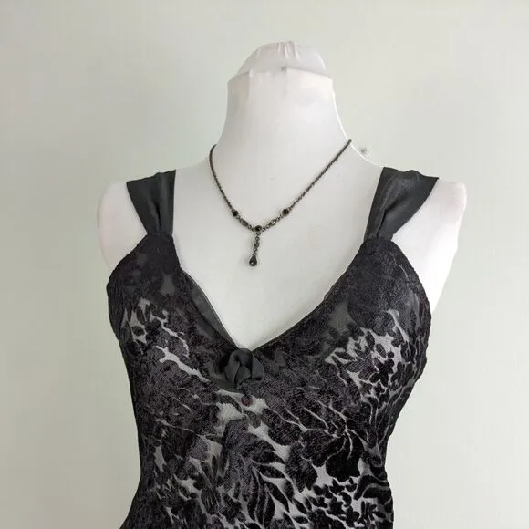 Vintage Slip Nightgown Chemise Sheer Maxi Velvet Floral Sexy Honeymoon Black M