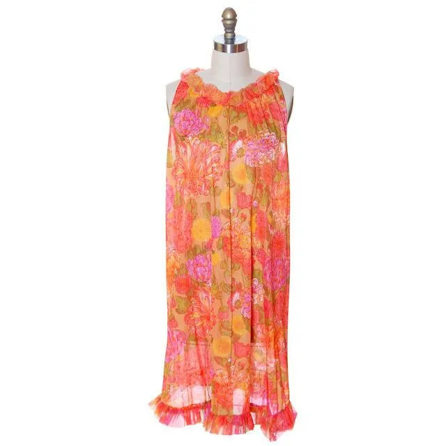 Vintage Vanity Fair Lingerie 3 PC Peignoir 1960s Orange Florals Nylon Medium