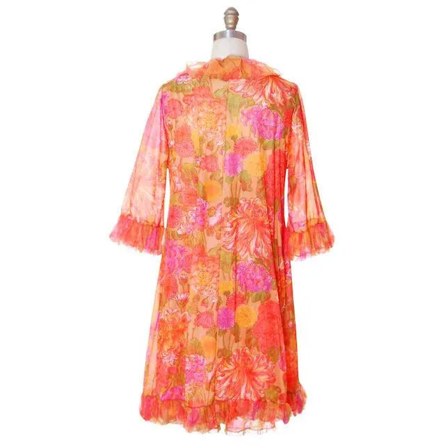 Vintage Vanity Fair Lingerie 3 PC Peignoir 1960s Orange Florals Nylon Medium