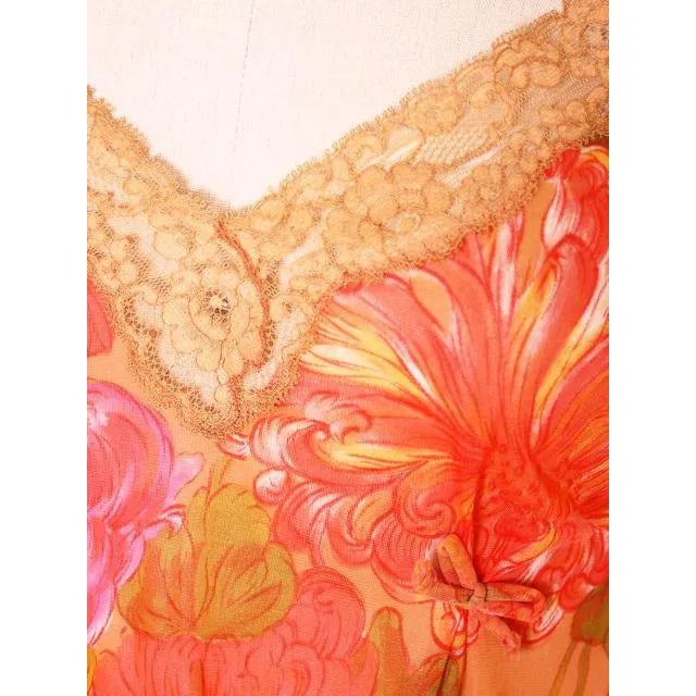 Vintage Vanity Fair Lingerie 3 PC Peignoir 1960s Orange Florals Nylon Medium