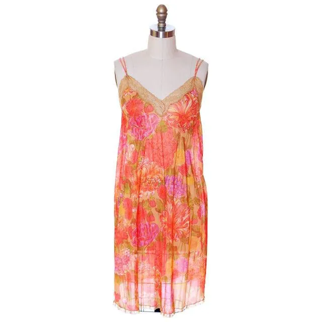 Vintage Vanity Fair Lingerie 3 PC Peignoir 1960s Orange Florals Nylon Medium