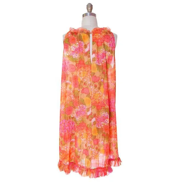 Vintage Vanity Fair Lingerie 3 PC Peignoir 1960s Orange Florals Nylon Medium