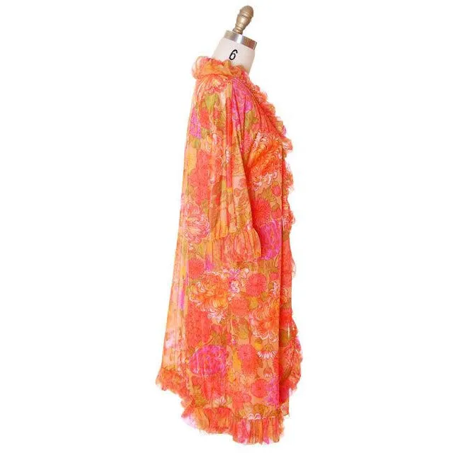 Vintage Vanity Fair Lingerie 3 PC Peignoir 1960s Orange Florals Nylon Medium