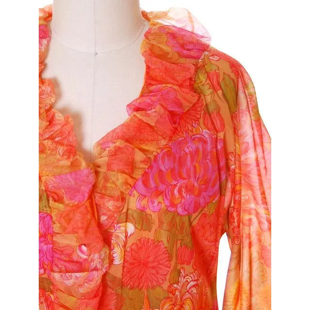 Vintage Vanity Fair Lingerie 3 PC Peignoir 1960s Orange Florals Nylon Medium