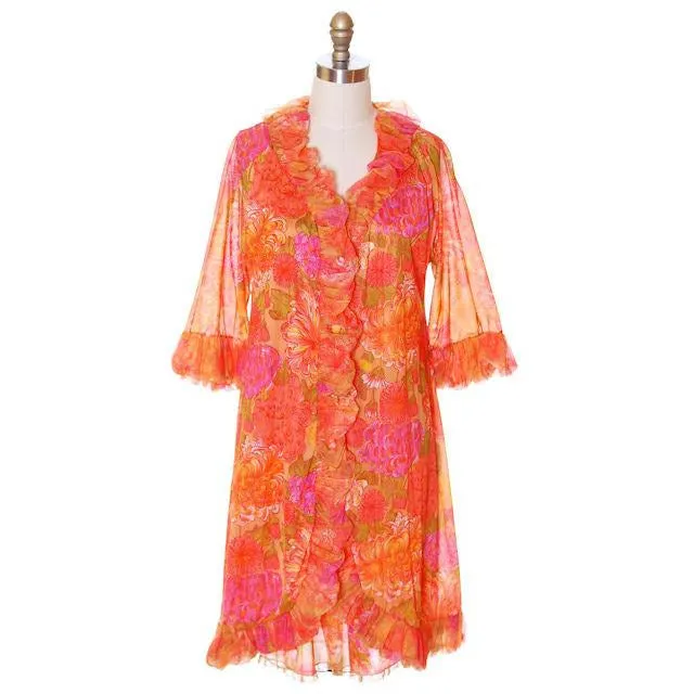 Vintage Vanity Fair Lingerie 3 PC Peignoir 1960s Orange Florals Nylon Medium