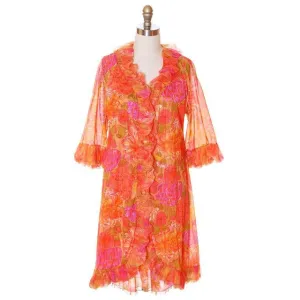 Vintage Vanity Fair Lingerie 3 PC Peignoir 1960s Orange Florals Nylon Medium