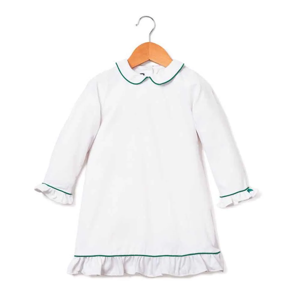 White Sophia Nightgown with Green Piping
