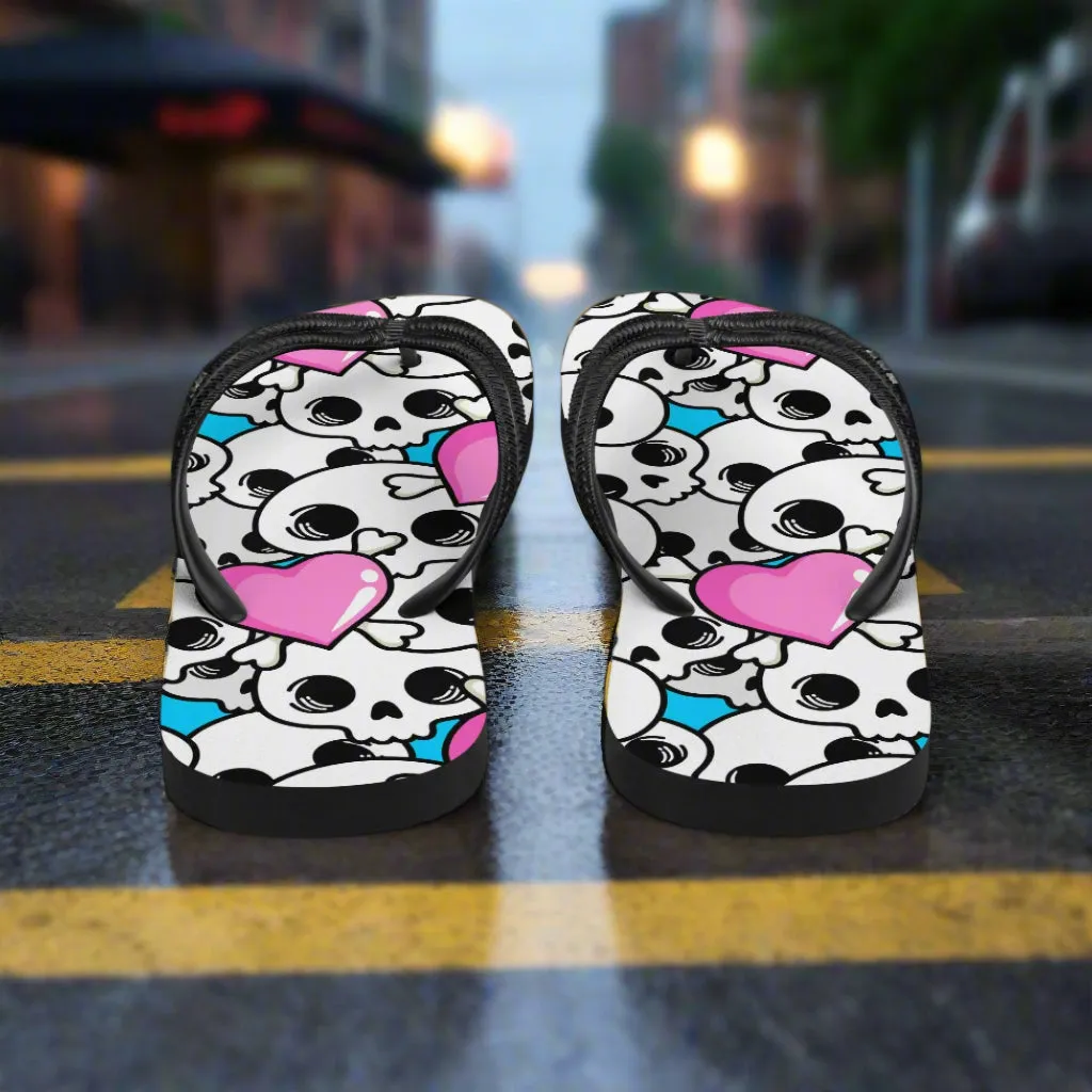WildSage Unique Pink Heart Skulls Flip Flop Sandals