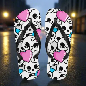 WildSage Unique Pink Heart Skulls Flip Flop Sandals