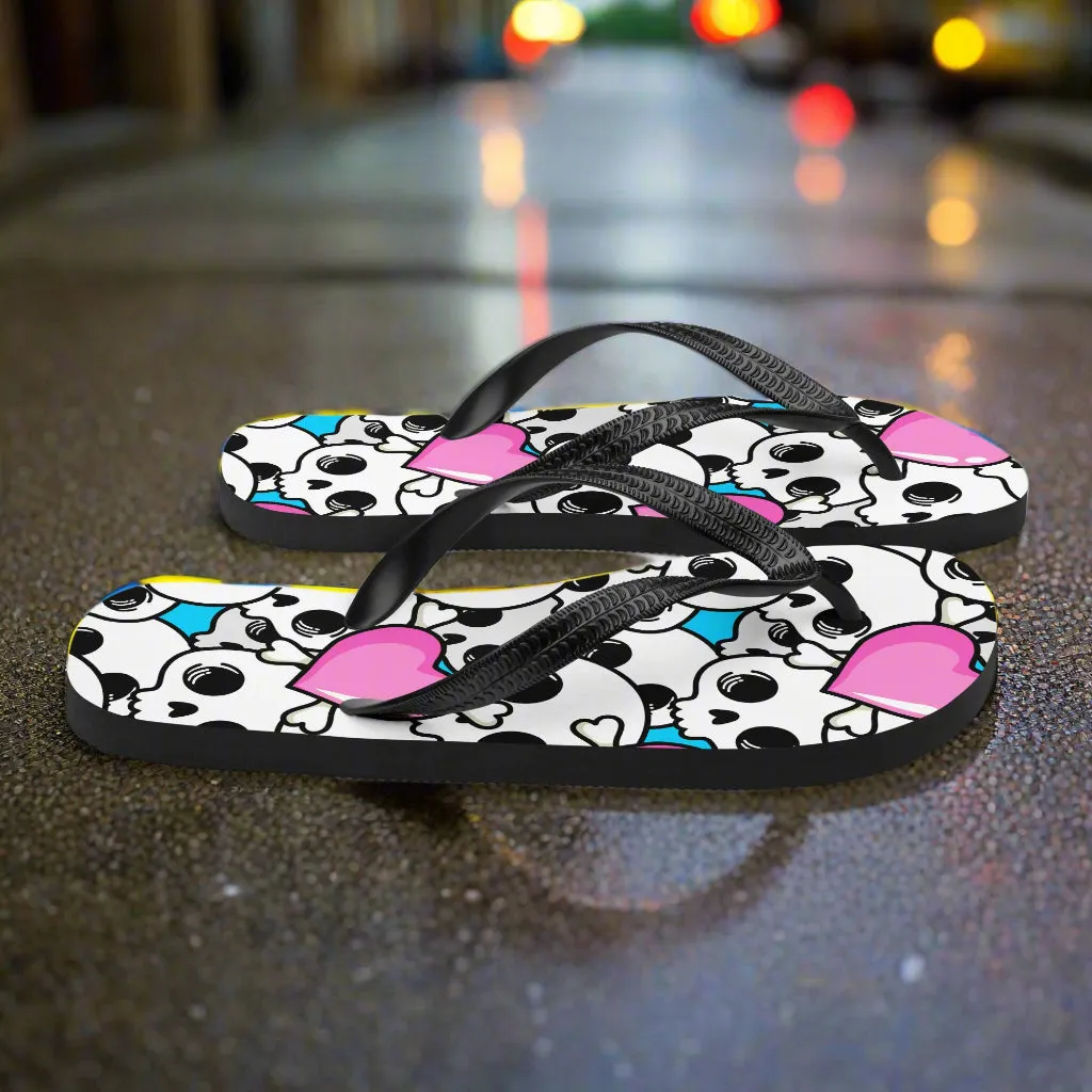 WildSage Unique Pink Heart Skulls Flip Flop Sandals