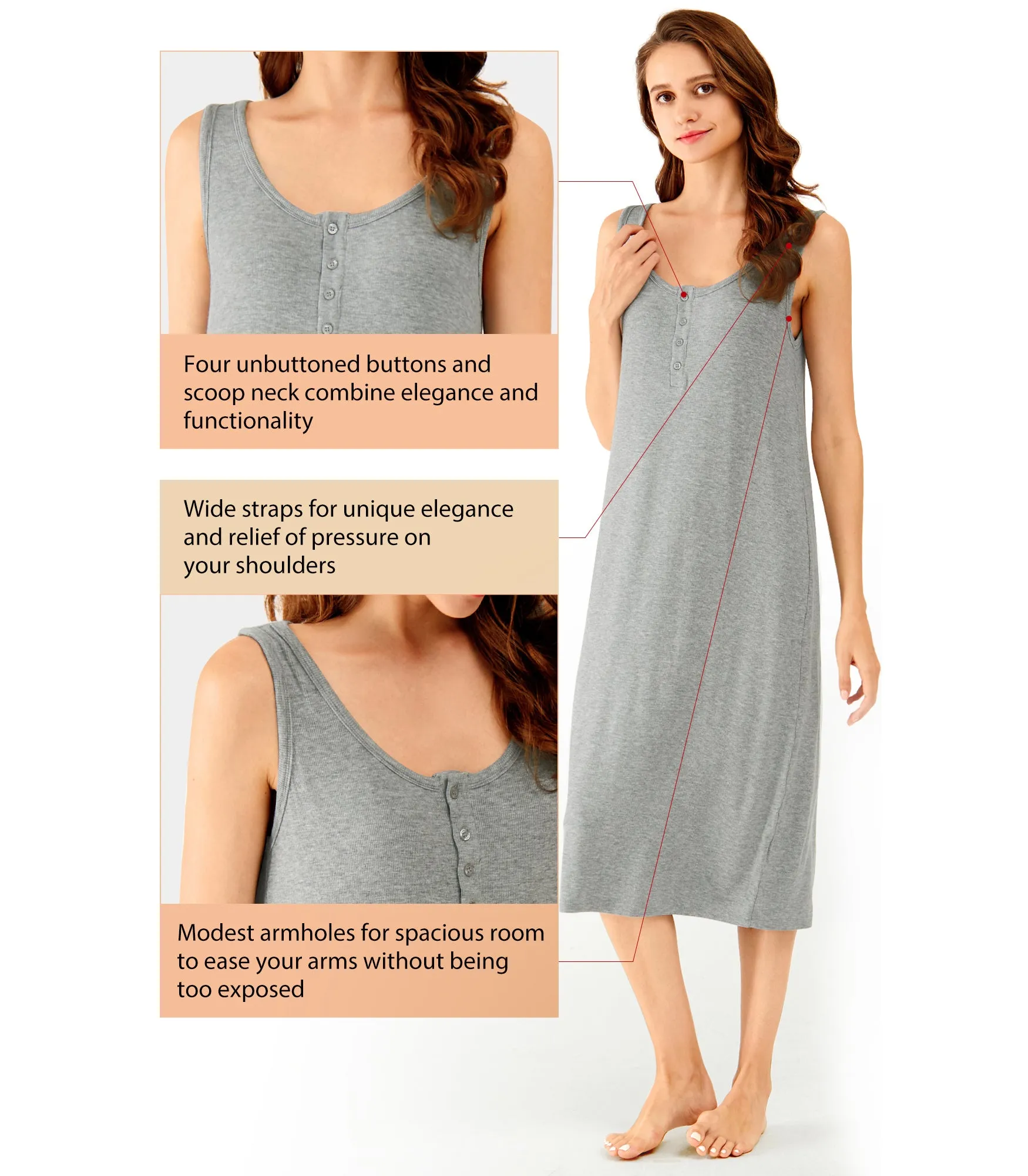 WiWi Bamboo Nightgown for Women Tank Sleeveless Sleepwear
