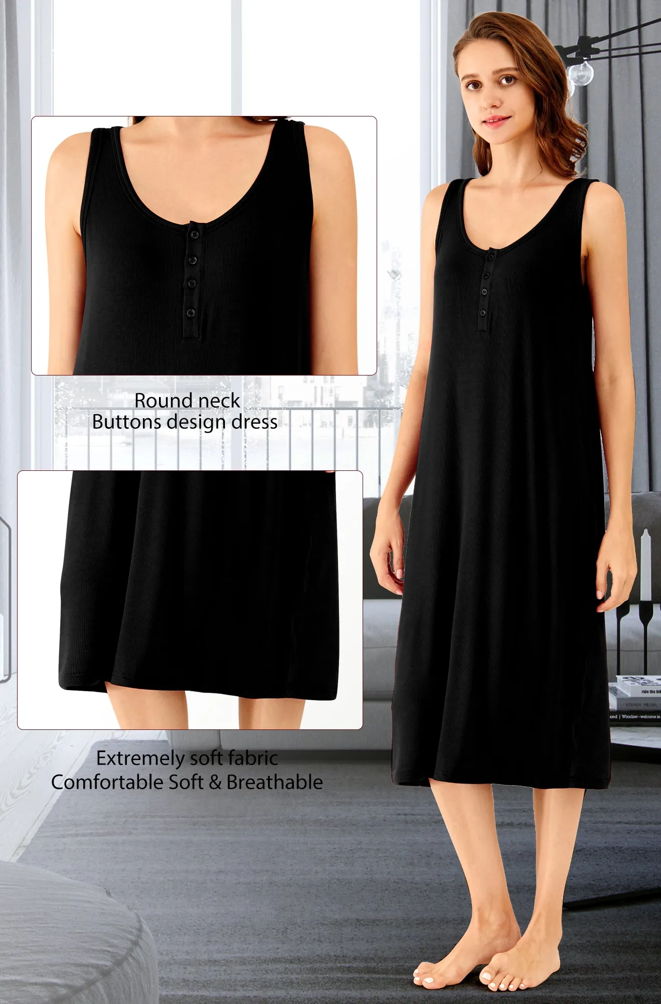 WiWi Bamboo Nightgown for Women Tank Sleeveless Sleepwear