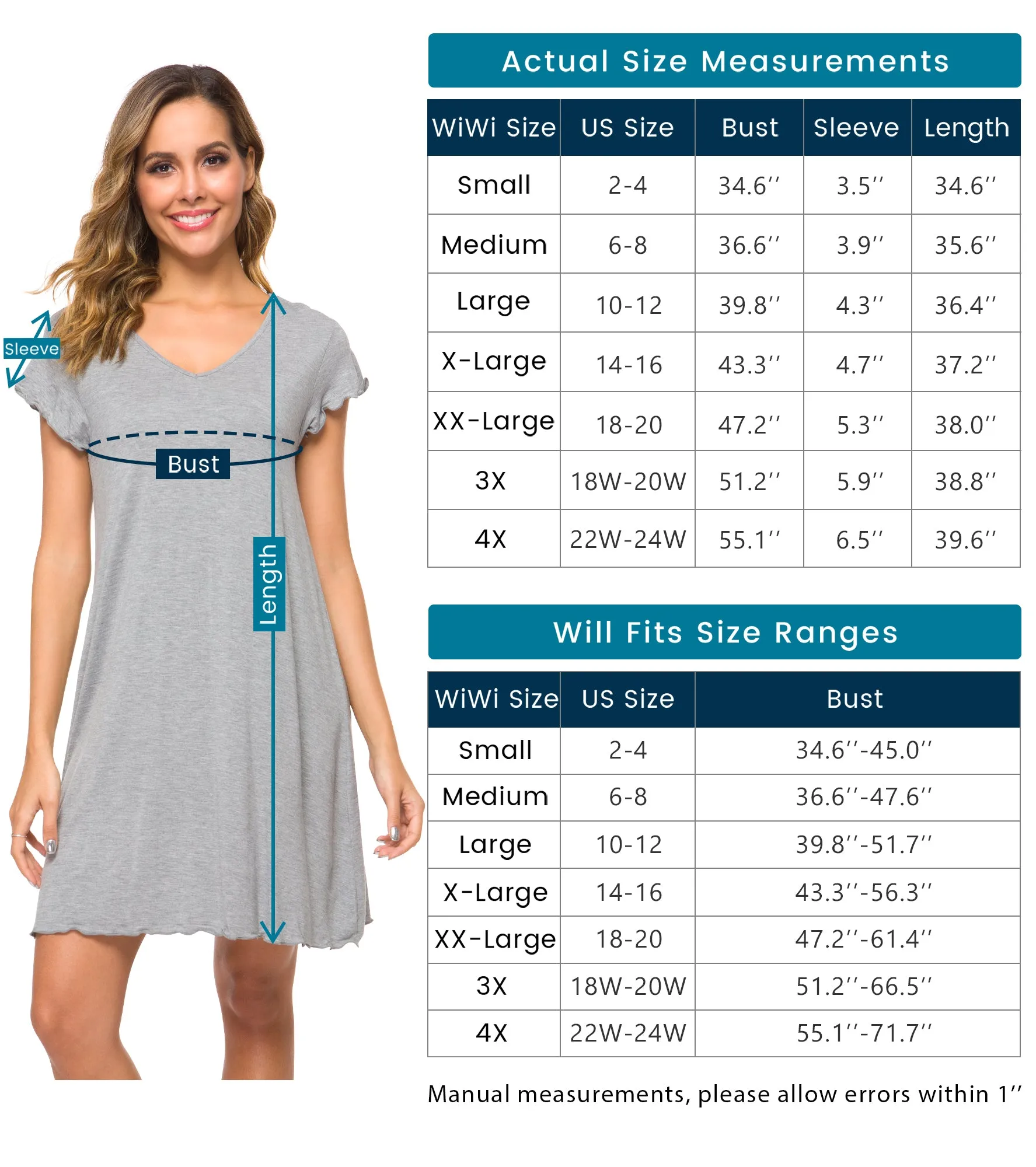 WiWi Women's Bamboo Night Shirt Soft Sleep Shirts