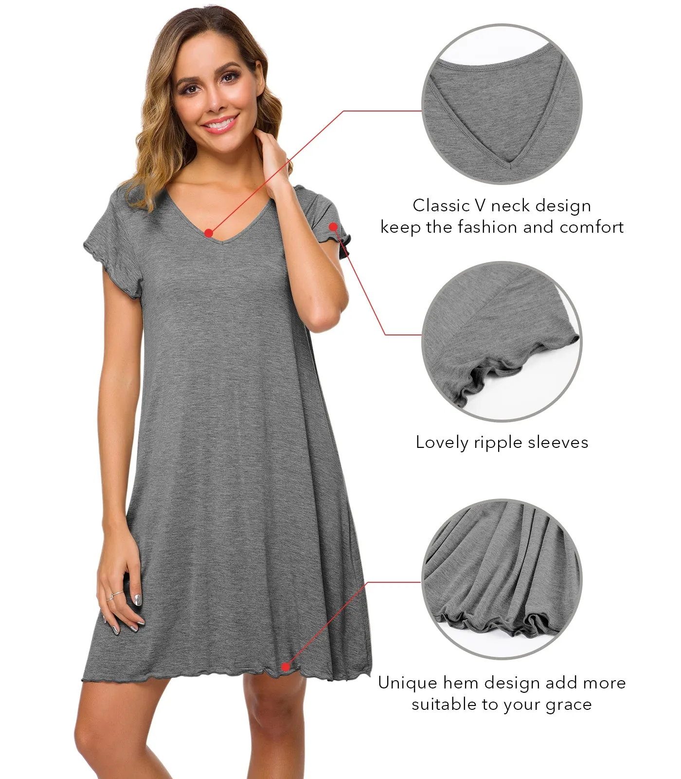 WiWi Women's Bamboo Night Shirt Soft Sleep Shirts