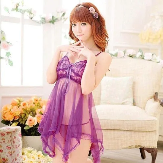 Women Lace Belt Skirt G-string Lingerie Dress Nightdress Robe Sleepwear Nightgown