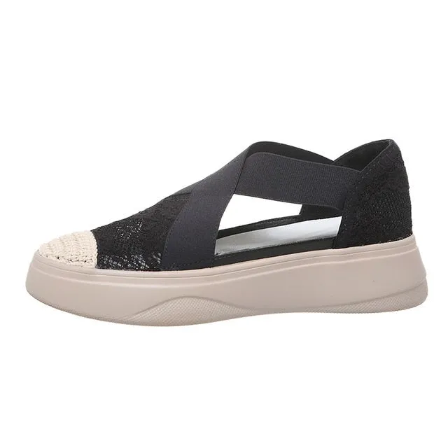 Women Retro Sewing Mesh Flats Summer Shoes