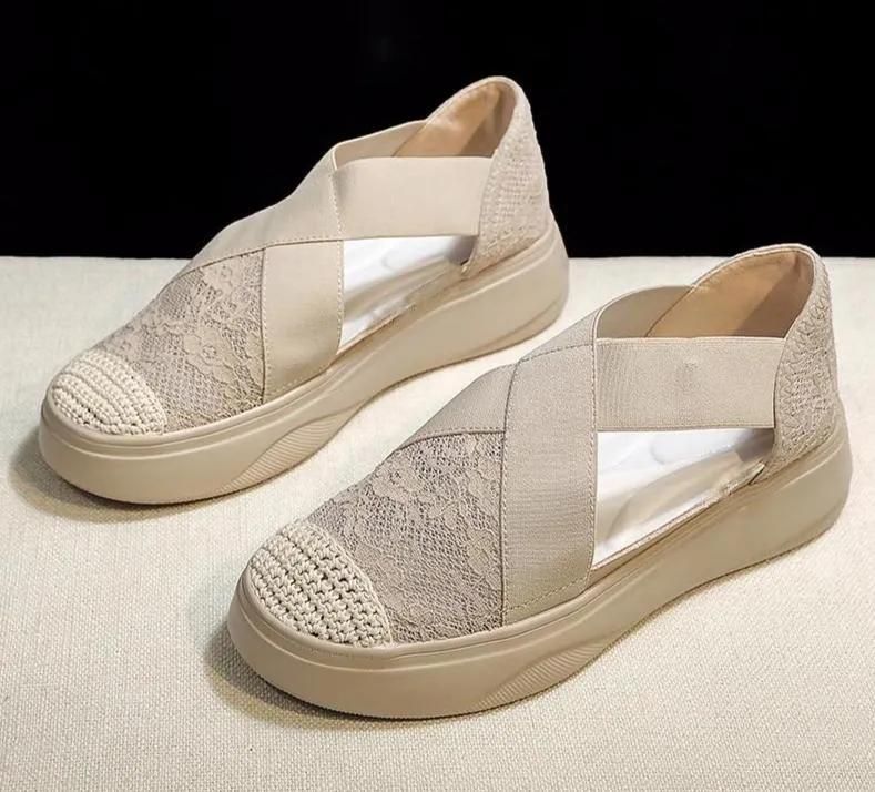 Women Retro Sewing Mesh Flats Summer Shoes