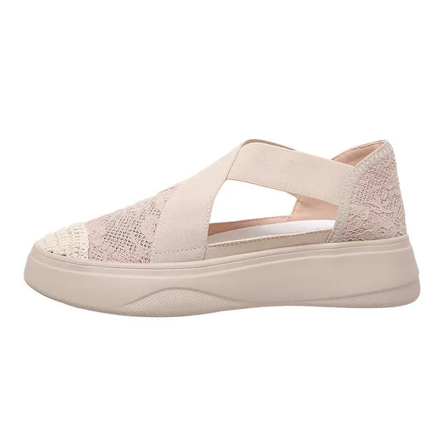 Women Retro Sewing Mesh Flats Summer Shoes