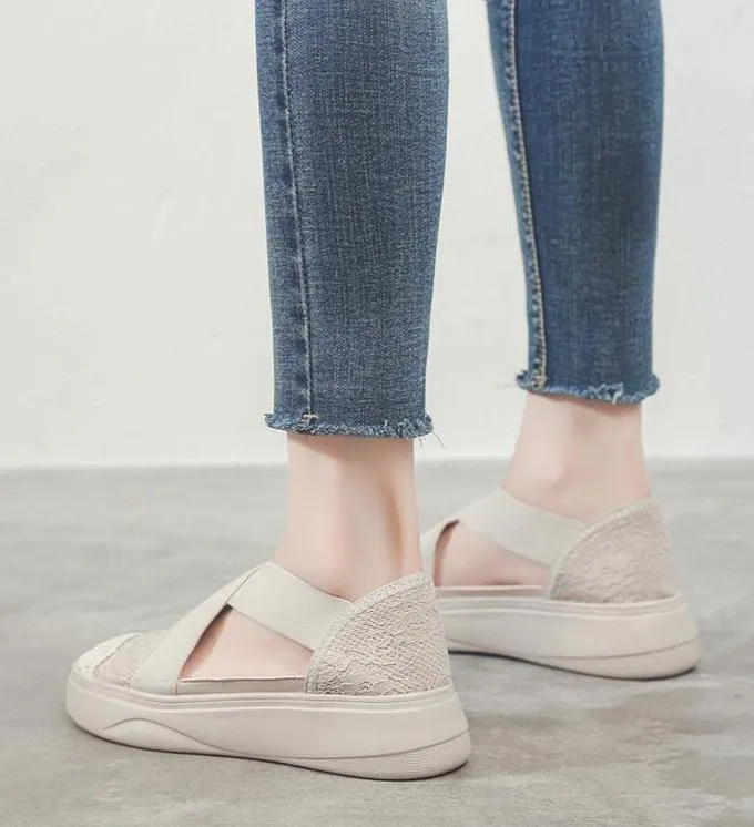 Women Retro Sewing Mesh Flats Summer Shoes