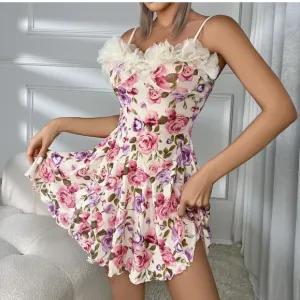 Women Sexy-Lingerie Sleepwear Lace Printing Chemise Full Slip Babydoll Nightwear