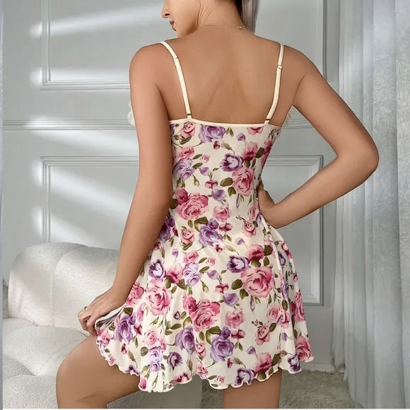 Women Sexy-Lingerie Sleepwear Lace Printing Chemise Full Slip Babydoll Nightwear
