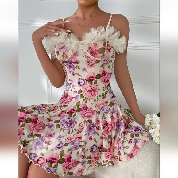 Women Sexy-Lingerie Sleepwear Lace Printing Chemise Full Slip Babydoll Nightwear