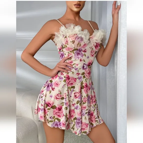 Women Sexy-Lingerie Sleepwear Lace Printing Chemise Full Slip Babydoll Nightwear
