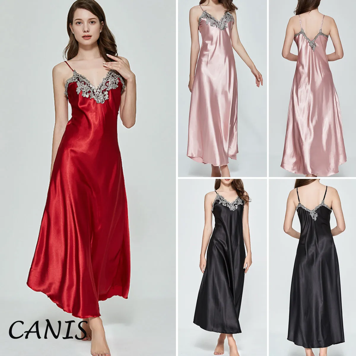 Women V-neck Satin Silk Red Sexy Sling V-neck Lace Pajama Night Dress Nightgown Sleepwear Long Dress