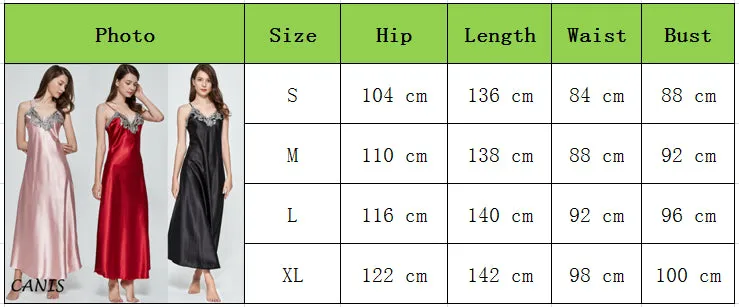 Women V-neck Satin Silk Red Sexy Sling V-neck Lace Pajama Night Dress Nightgown Sleepwear Long Dress