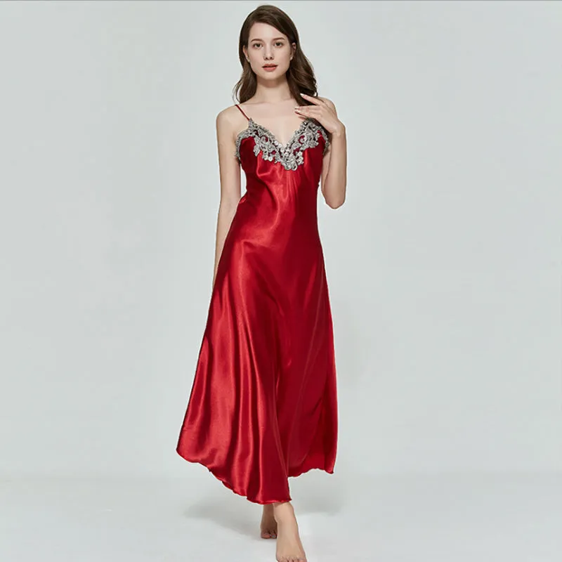 Women V-neck Satin Silk Red Sexy Sling V-neck Lace Pajama Night Dress Nightgown Sleepwear Long Dress
