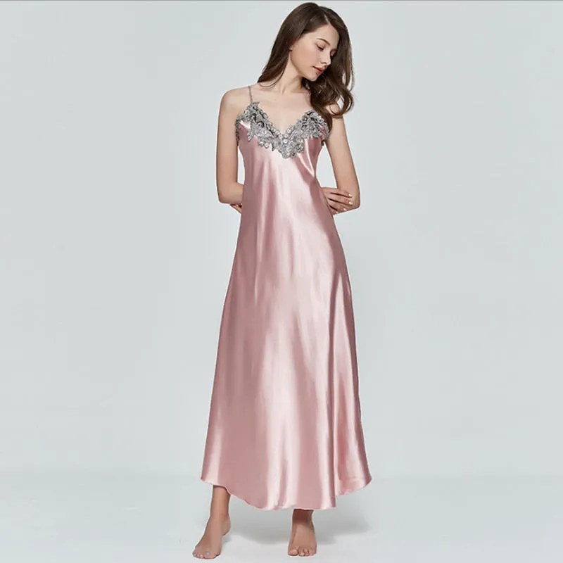 Women V-neck Satin Silk Red Sexy Sling V-neck Lace Pajama Night Dress Nightgown Sleepwear Long Dress