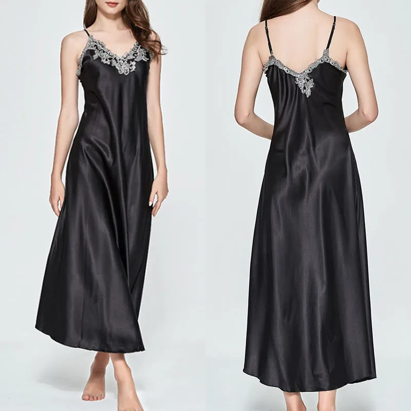 Women V-neck Satin Silk Red Sexy Sling V-neck Lace Pajama Night Dress Nightgown Sleepwear Long Dress