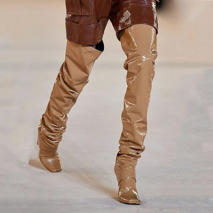 Women's  heels  nude shiny leather over the Knee Boots