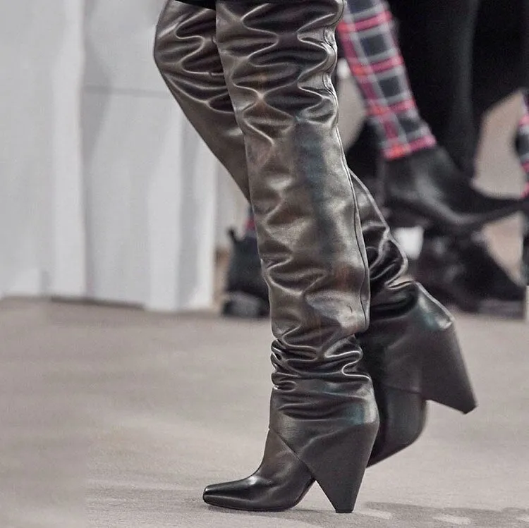 Women's  heels  nude shiny leather over the Knee Boots