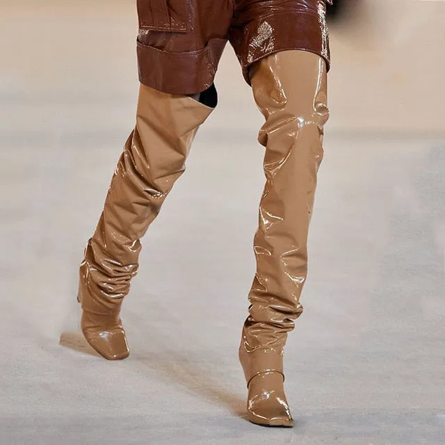 Women's  heels  nude shiny leather over the Knee Boots