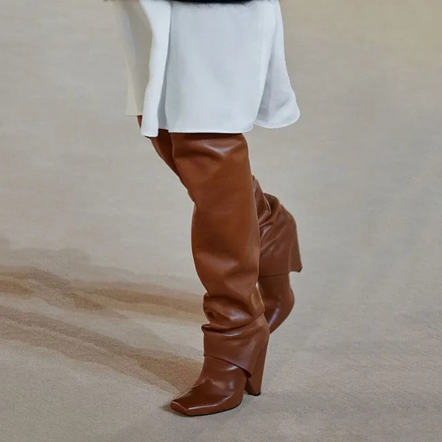 Women's  heels  nude shiny leather over the Knee Boots