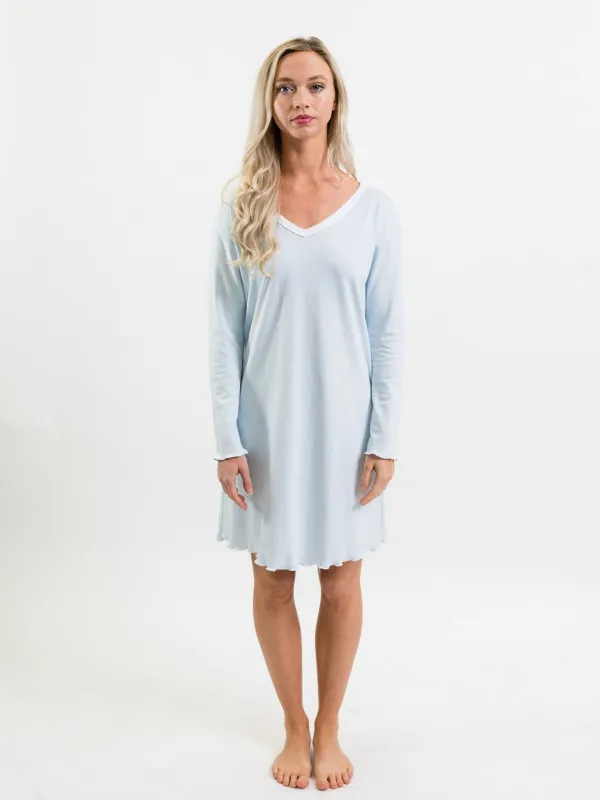 Women's Pima Long Sleeve Nightgown | Lt Blue Mini Stripe
