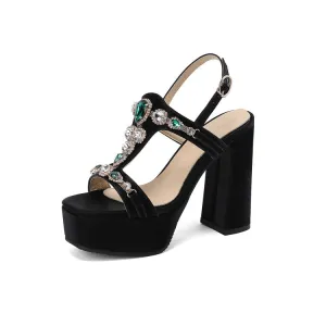 Women's Rhinestone T Strap Chunky Heel Platform Sandals