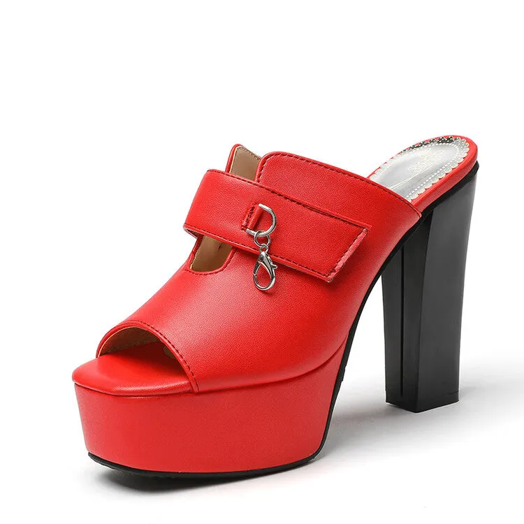 Women's Solid Color Peep Toe Mules Platform Chunky Heel Sandals